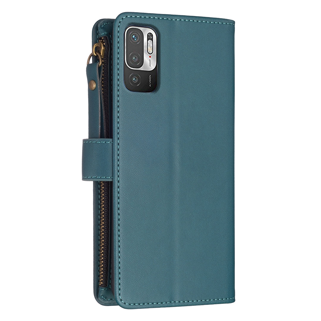 Xiaomi Redmi Note 10 5G Leather Flip Phone Case with Zipper Wallet and 9 Card Slots, Durable PU + TPU Material