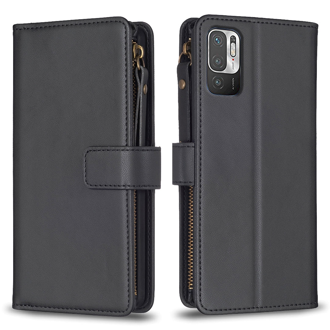 Xiaomi Redmi Note 10 5G Leather Flip Phone Case with Zipper Wallet and 9 Card Slots, Durable PU + TPU Material