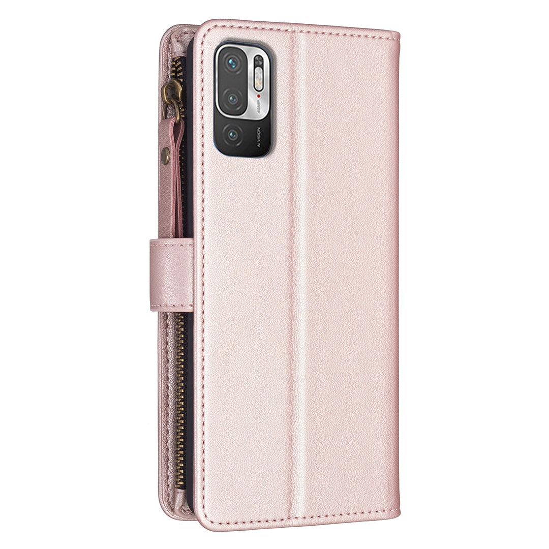 Xiaomi Redmi Note 10 5G Leather Flip Phone Case with Zipper Wallet and 9 Card Slots, Durable PU + TPU Material