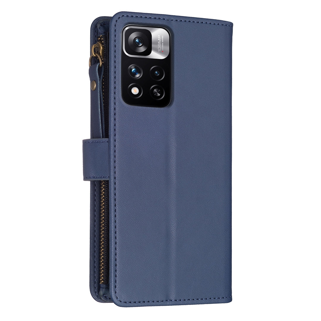 Xiaomi Redmi Note 11 Pro Leather Flip Phone Case with Zipper Wallet and 9 Card Slots, Durable PU + TPU Material