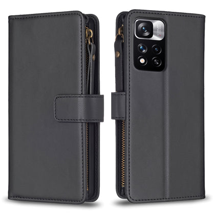 Xiaomi Redmi Note 11 Pro Leather Flip Phone Case with Zipper Wallet and 9 Card Slots, Durable PU + TPU Material