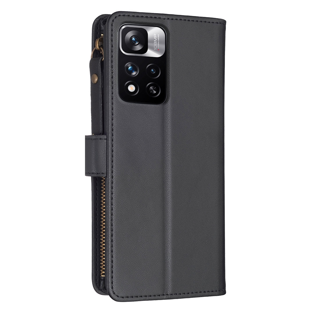 Xiaomi Redmi Note 11 Pro Leather Flip Phone Case with Zipper Wallet and 9 Card Slots, Durable PU + TPU Material