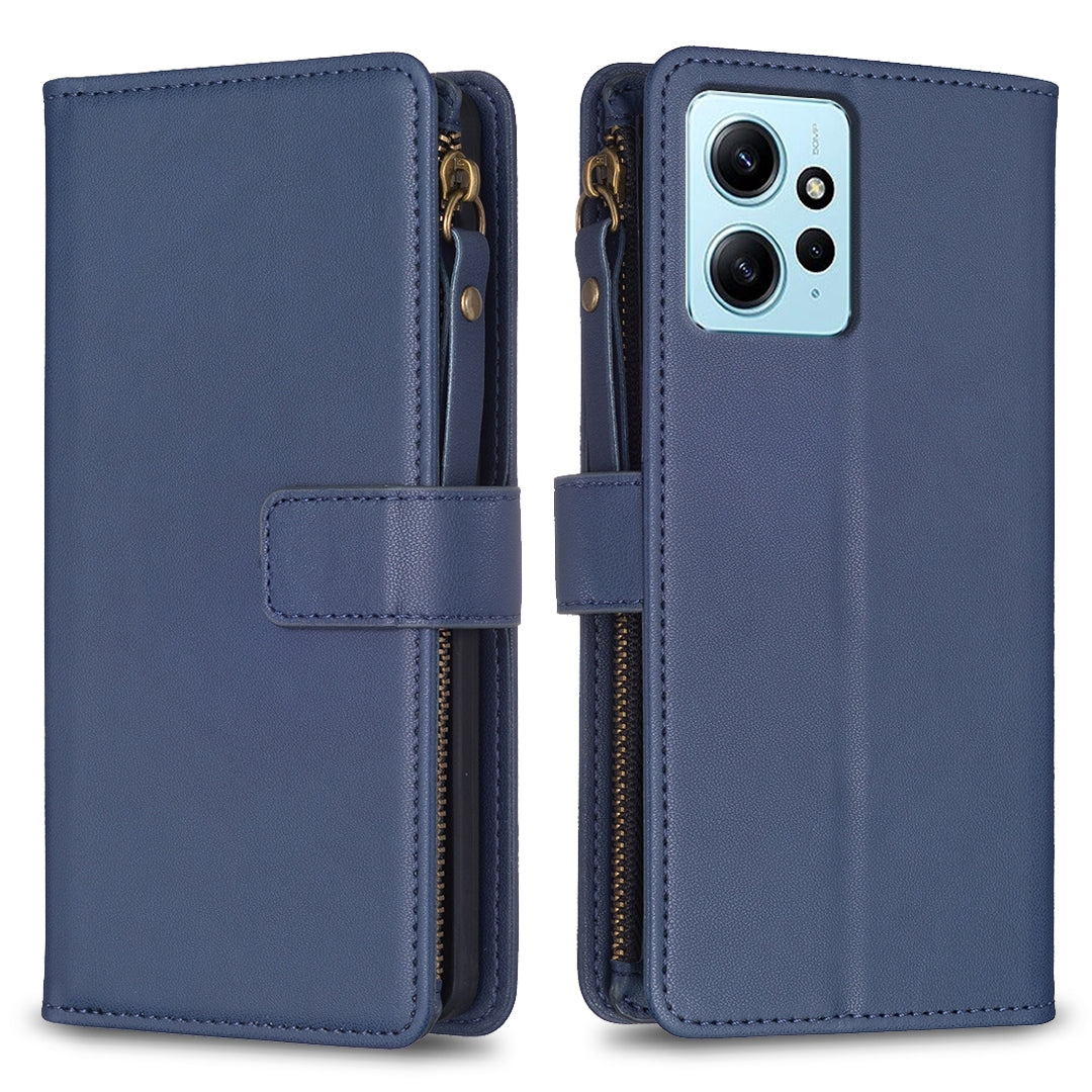 Xiaomi Redmi Note 12 4G Leather Flip Phone Case with Zipper Wallet and 9 Card Slots, Durable PU + TPU Material