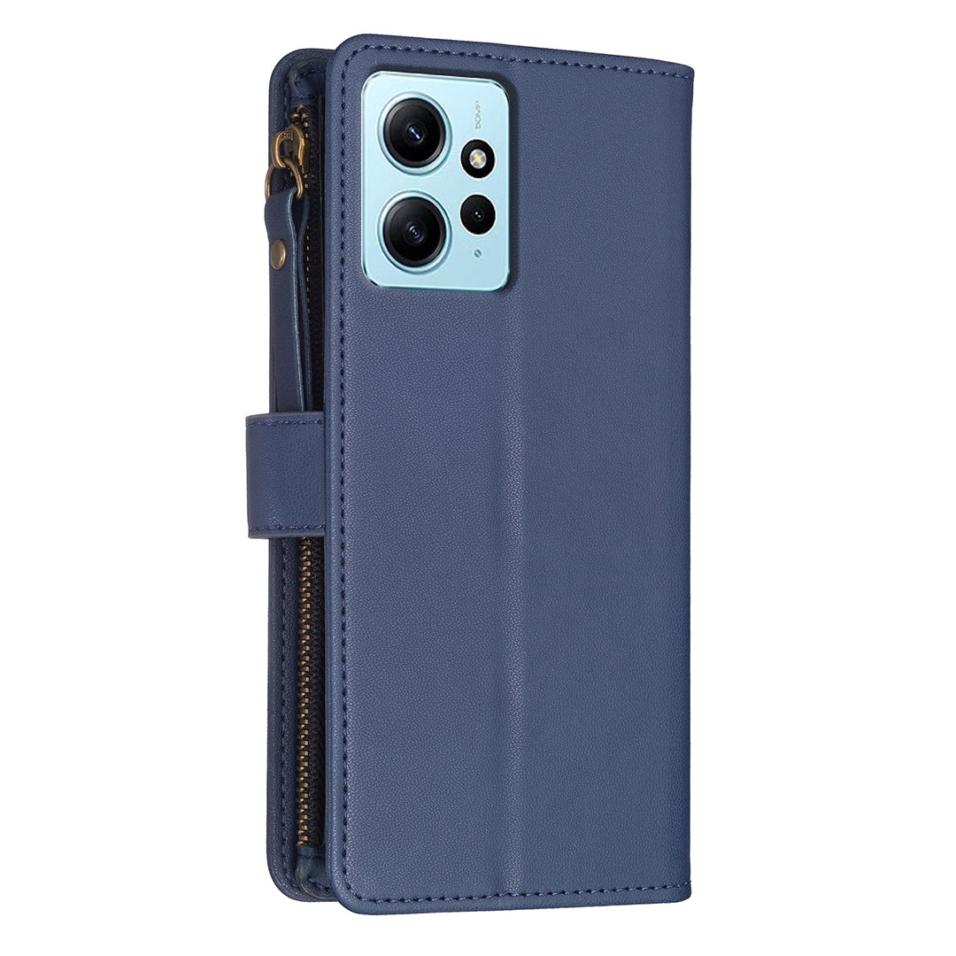 Xiaomi Redmi Note 12 4G Leather Flip Phone Case with Zipper Wallet and 9 Card Slots, Durable PU + TPU Material