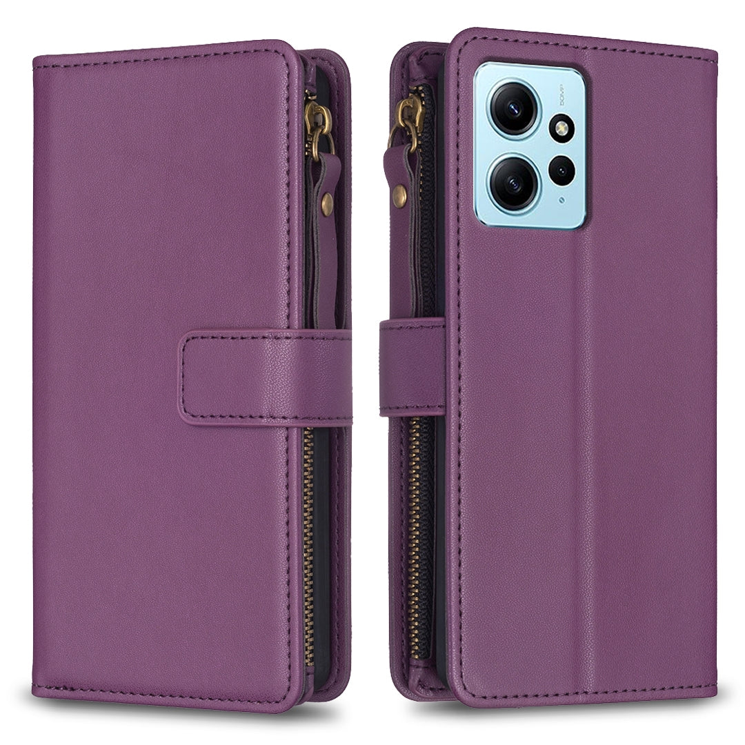 Xiaomi Redmi Note 12 4G Leather Flip Phone Case with Zipper Wallet and 9 Card Slots, Durable PU + TPU Material