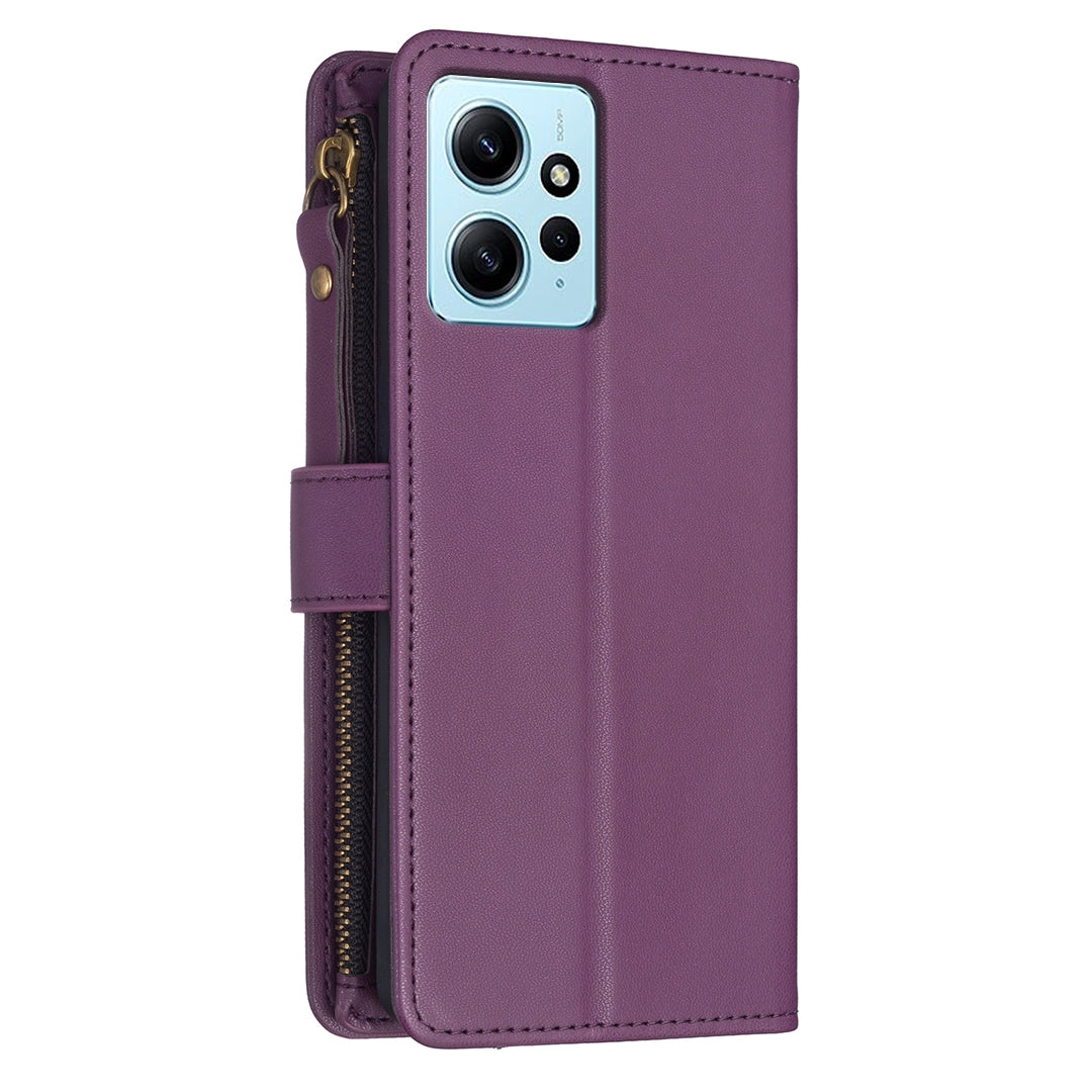 Xiaomi Redmi Note 12 4G Leather Flip Phone Case with Zipper Wallet and 9 Card Slots, Durable PU + TPU Material