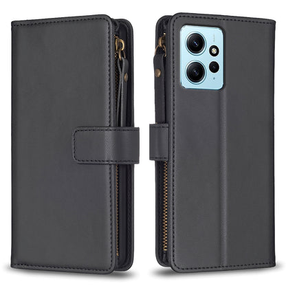 Xiaomi Redmi Note 12 4G Leather Flip Phone Case with Zipper Wallet and 9 Card Slots, Durable PU + TPU Material