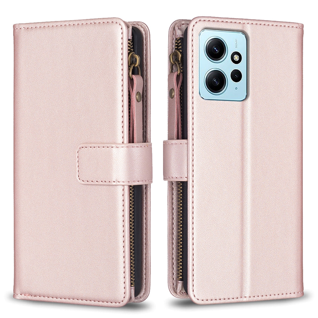 Xiaomi Redmi Note 12 4G Leather Flip Phone Case with Zipper Wallet and 9 Card Slots, Durable PU + TPU Material