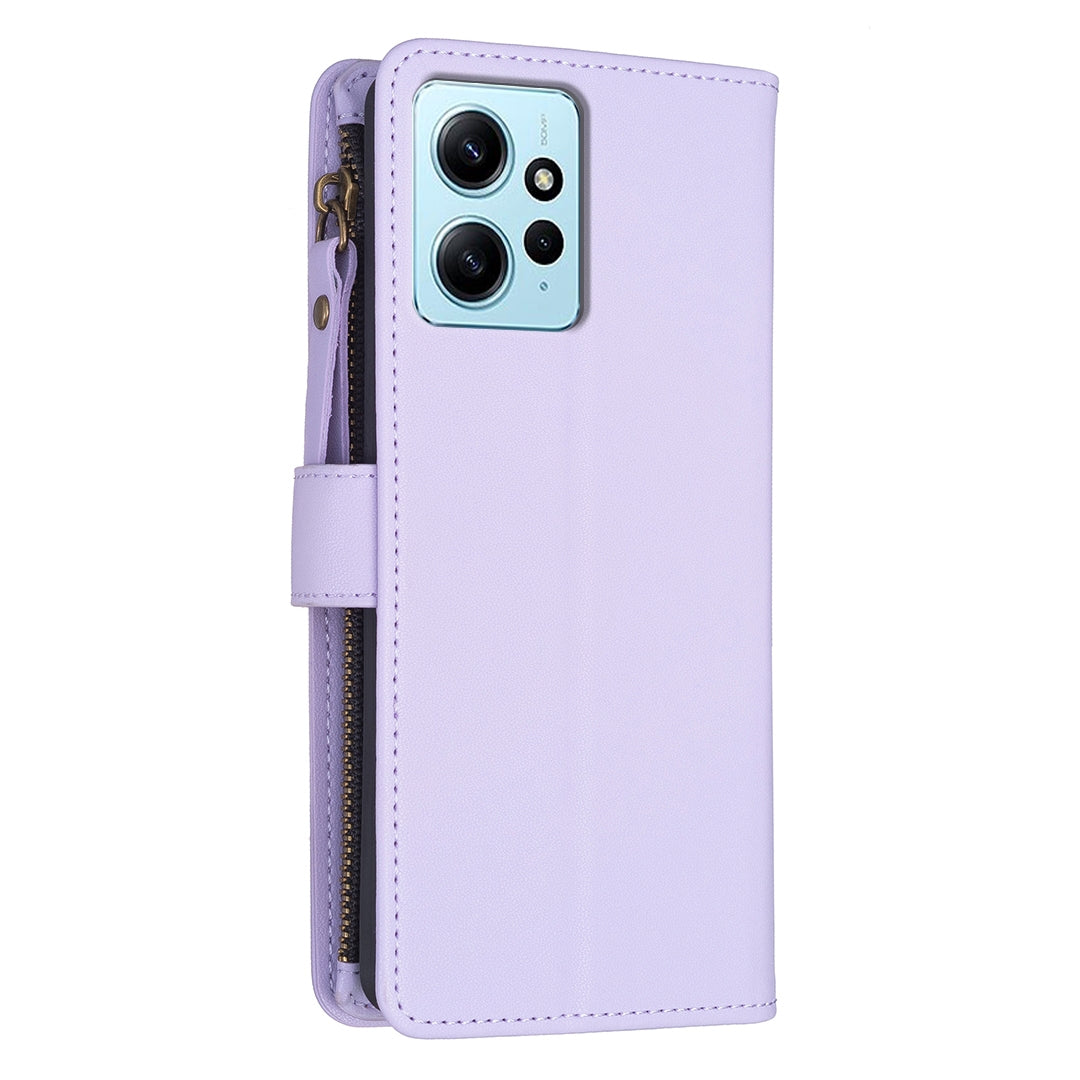 Xiaomi Redmi Note 12 4G Leather Flip Phone Case with Zipper Wallet and 9 Card Slots, Durable PU + TPU Material