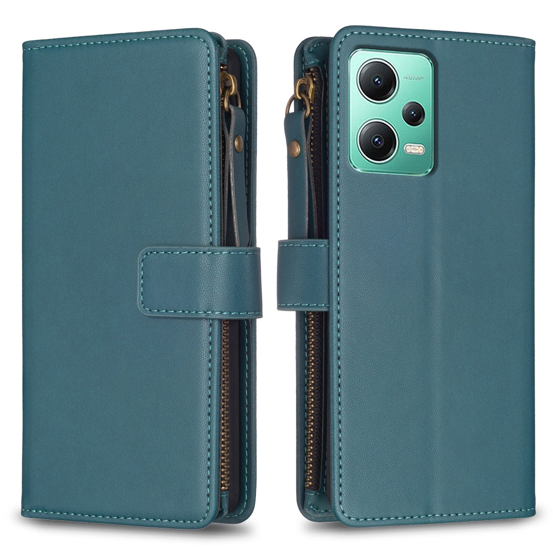 Xiaomi Redmi Note 12 5G Leather Flip Phone Case with Zipper Wallet and 9 Card Slots, Durable PU + TPU Material