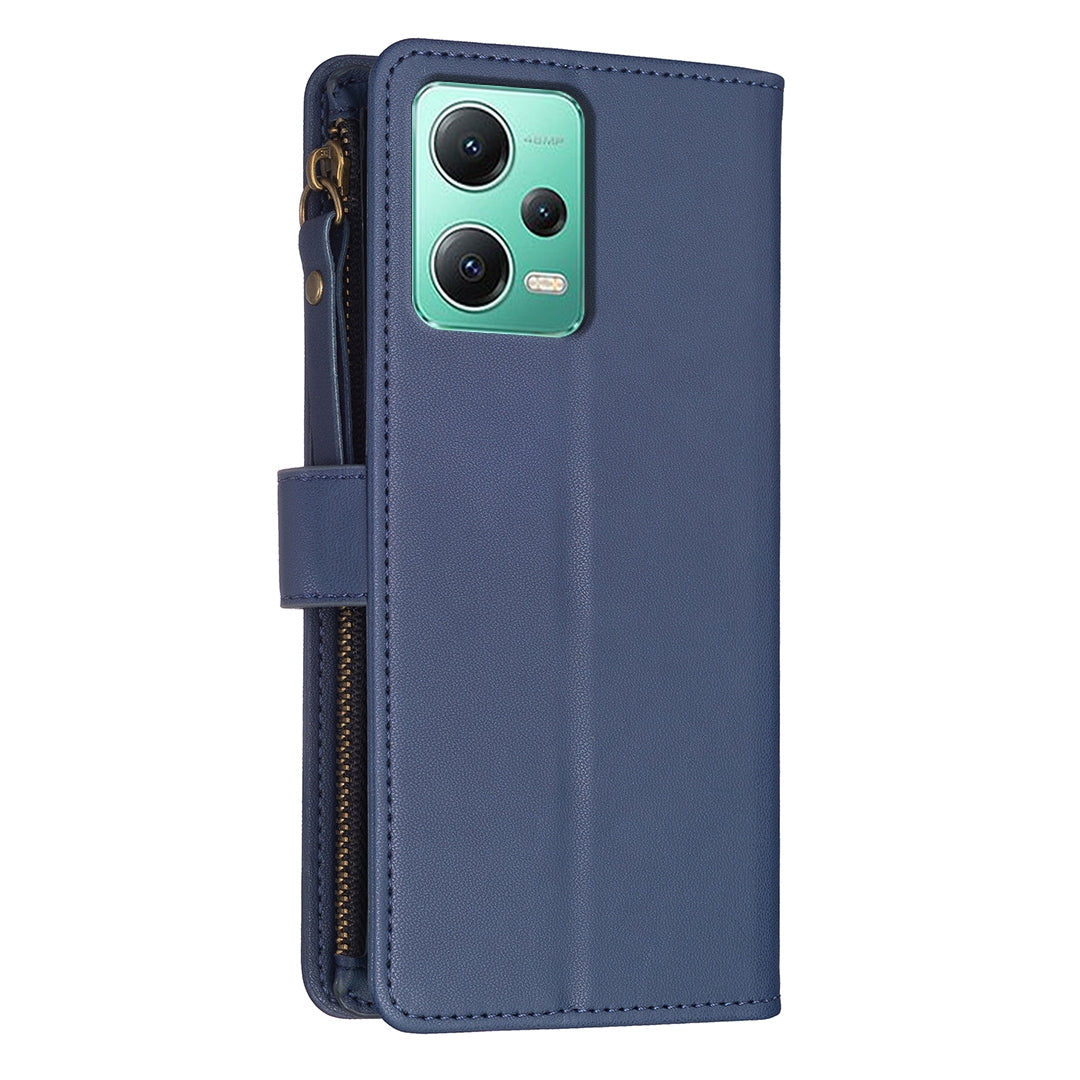 Xiaomi Redmi Note 12 5G Leather Flip Phone Case with Zipper Wallet and 9 Card Slots, Durable PU + TPU Material