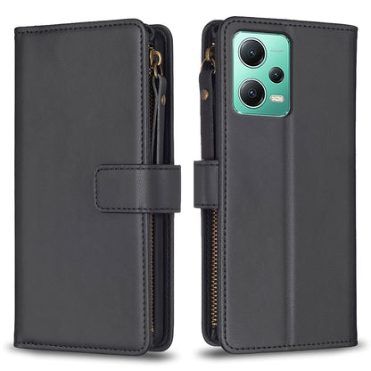 Xiaomi Redmi Note 12 5G Leather Flip Phone Case with Zipper Wallet and 9 Card Slots, Durable PU + TPU Material