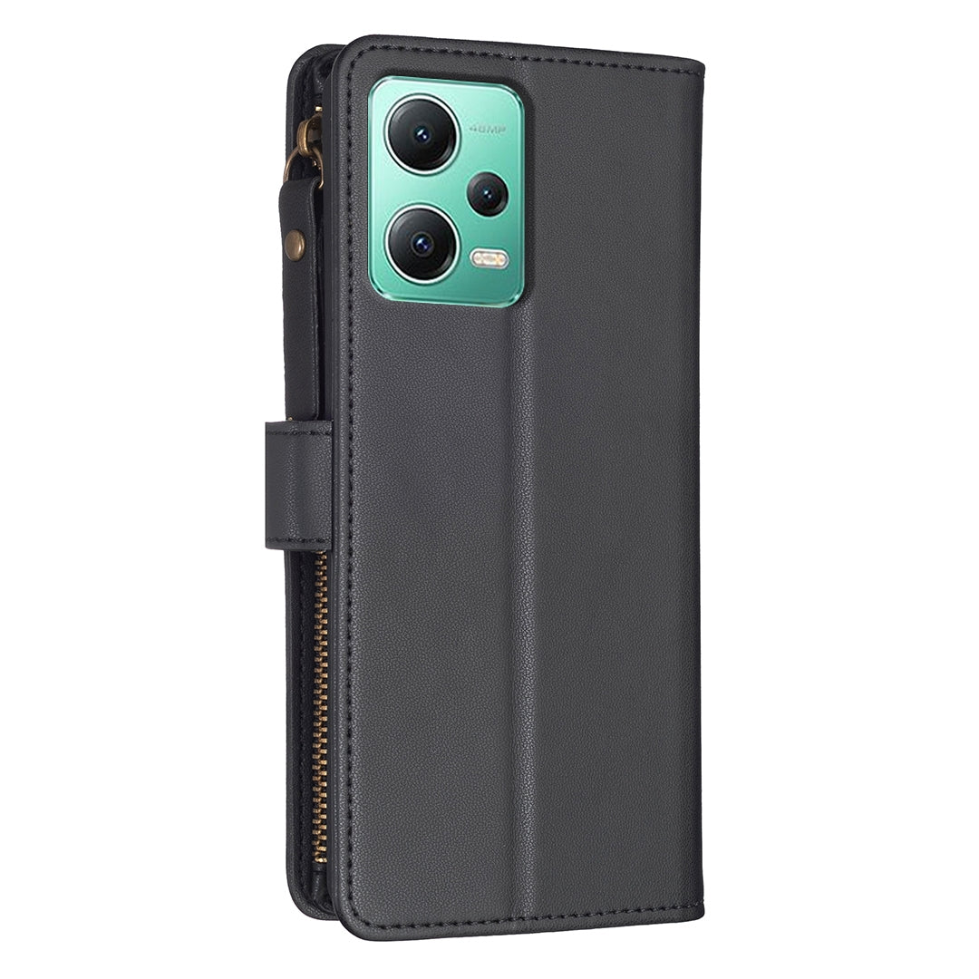 Xiaomi Redmi Note 12 5G Leather Flip Phone Case with Zipper Wallet and 9 Card Slots, Durable PU + TPU Material