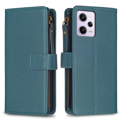 Xiaomi Redmi Note 12 Pro Leather Flip Phone Case with Zipper Wallet and 9 Card Slots, Durable PU + TPU Material