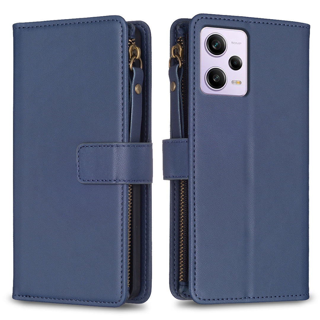 Xiaomi Redmi Note 12 Pro Leather Flip Phone Case with Zipper Wallet and 9 Card Slots, Durable PU + TPU Material