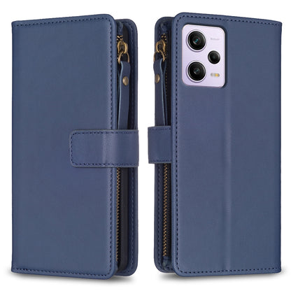 Xiaomi Redmi Note 12 Pro Leather Flip Phone Case with Zipper Wallet and 9 Card Slots, Durable PU + TPU Material