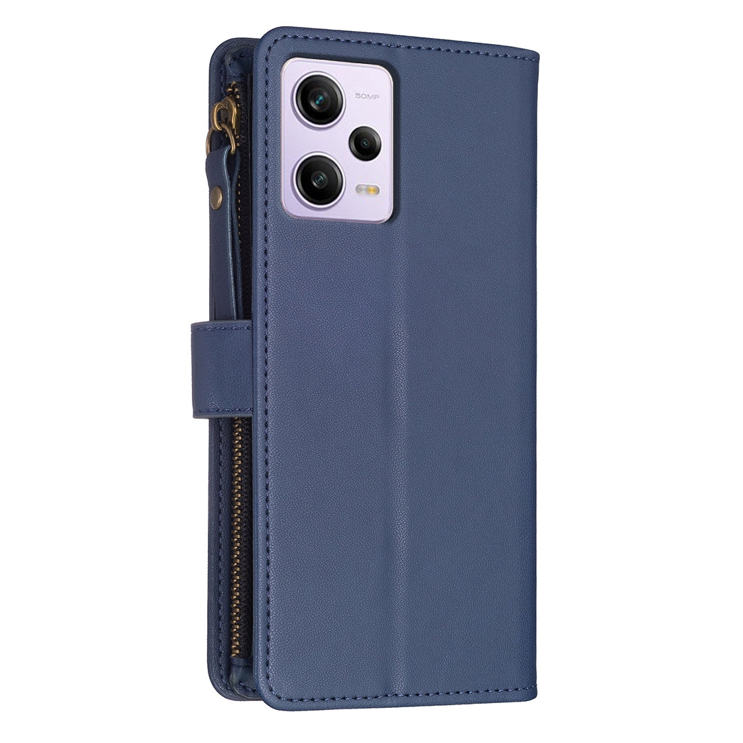 Xiaomi Redmi Note 12 Pro Leather Flip Phone Case with Zipper Wallet and 9 Card Slots, Durable PU + TPU Material