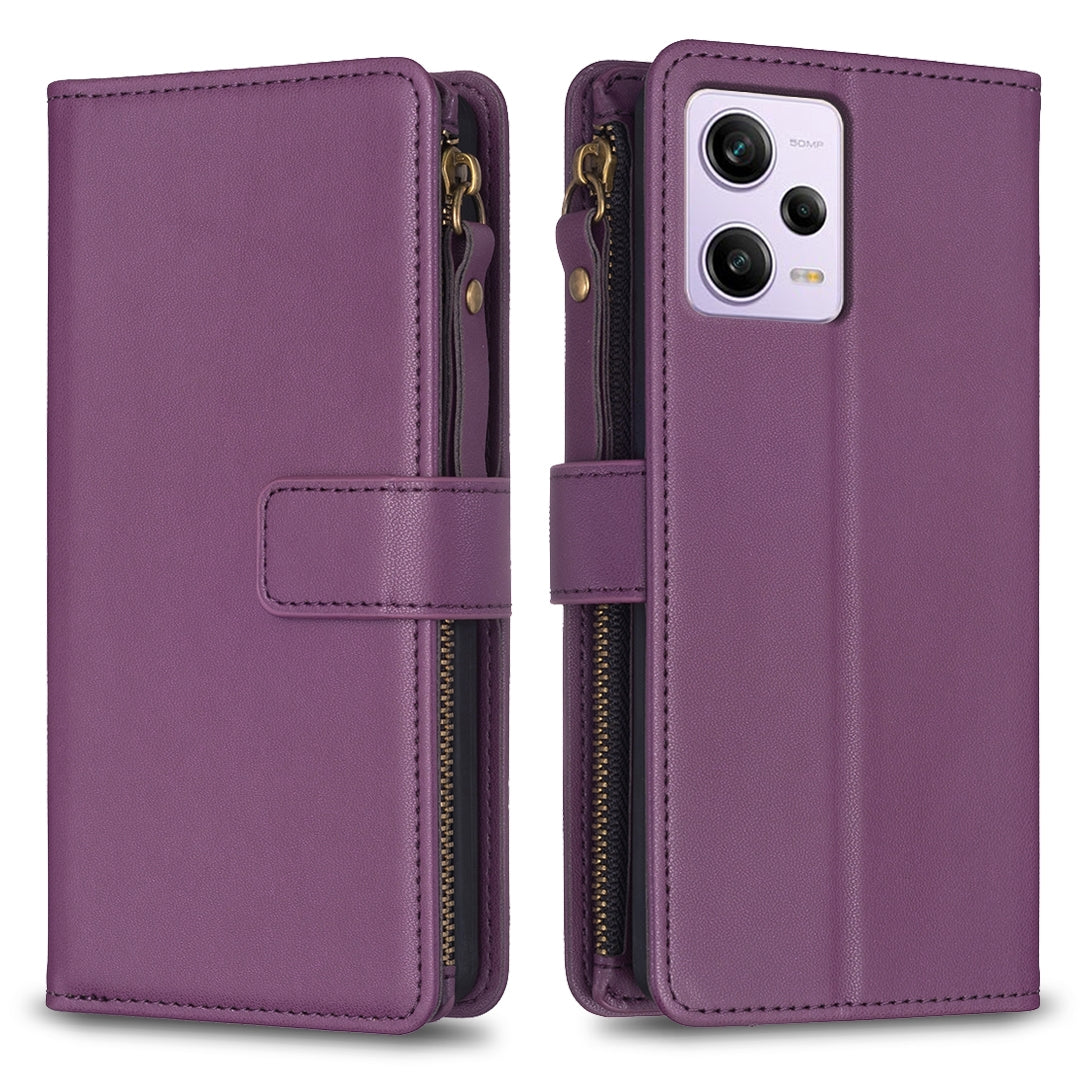 Xiaomi Redmi Note 12 Pro Leather Flip Phone Case with Zipper Wallet and 9 Card Slots, Durable PU + TPU Material