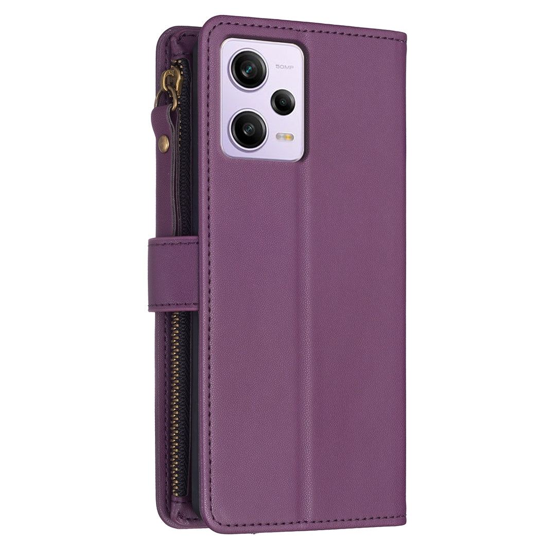 Xiaomi Redmi Note 12 Pro Leather Flip Phone Case with Zipper Wallet and 9 Card Slots, Durable PU + TPU Material