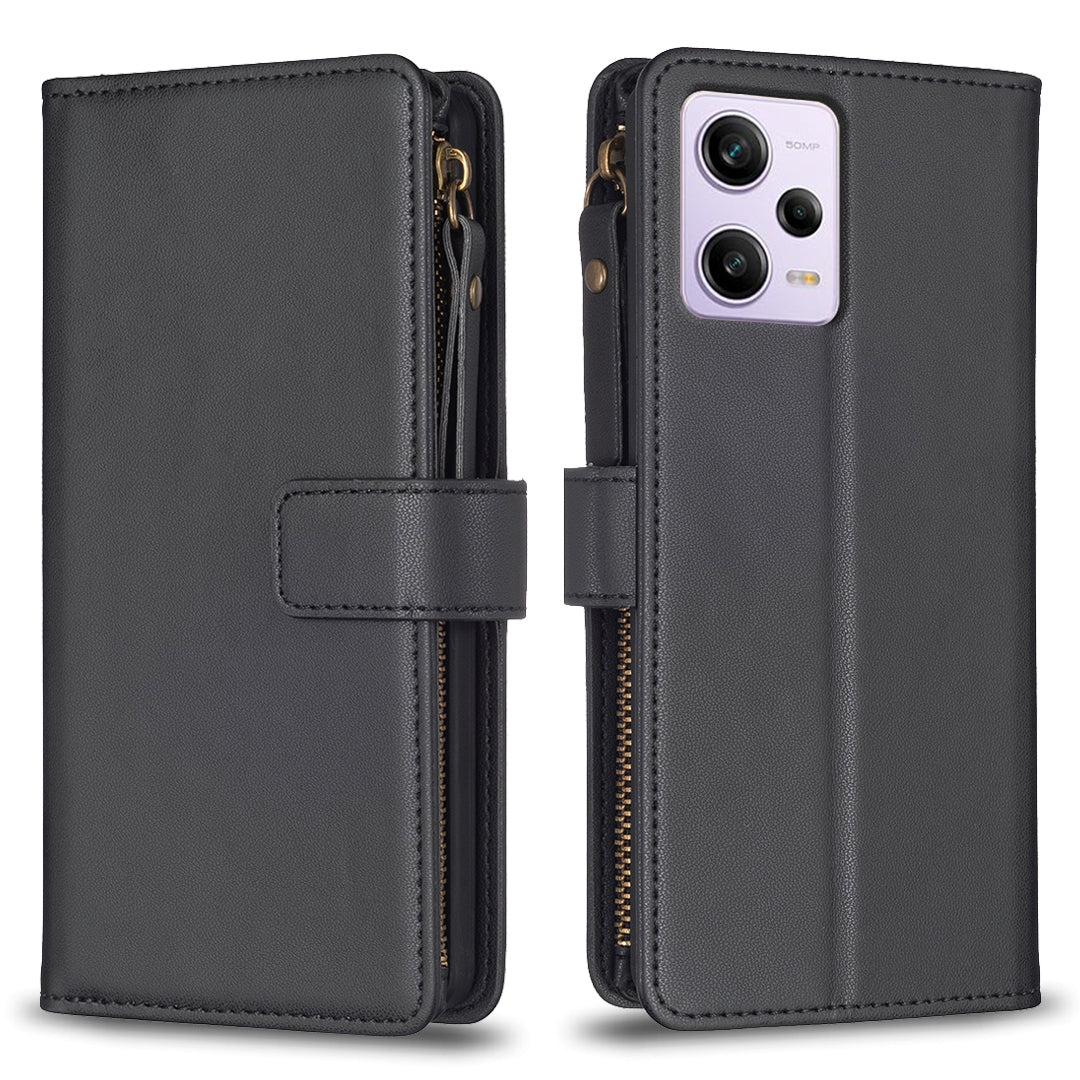 Xiaomi Redmi Note 12 Pro Leather Flip Phone Case with Zipper Wallet and 9 Card Slots, Durable PU + TPU Material