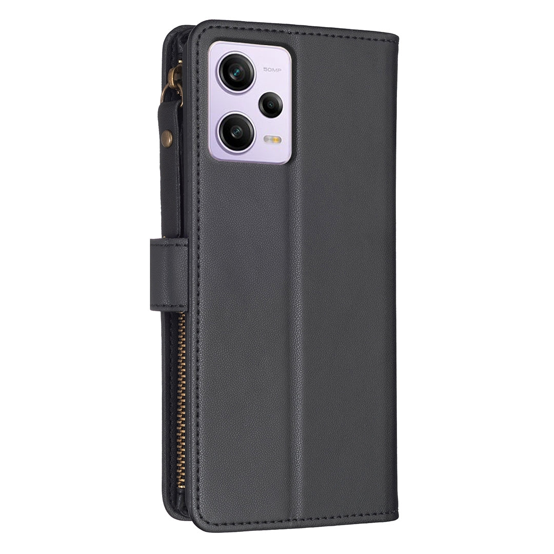 Xiaomi Redmi Note 12 Pro Leather Flip Phone Case with Zipper Wallet and 9 Card Slots, Durable PU + TPU Material