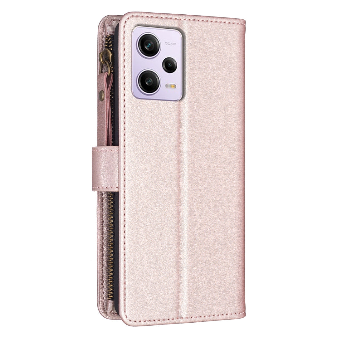 Xiaomi Redmi Note 12 Pro Leather Flip Phone Case with Zipper Wallet and 9 Card Slots, Durable PU + TPU Material