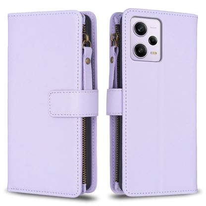 Xiaomi Redmi Note 12 Pro Leather Flip Phone Case with Zipper Wallet and 9 Card Slots, Durable PU + TPU Material