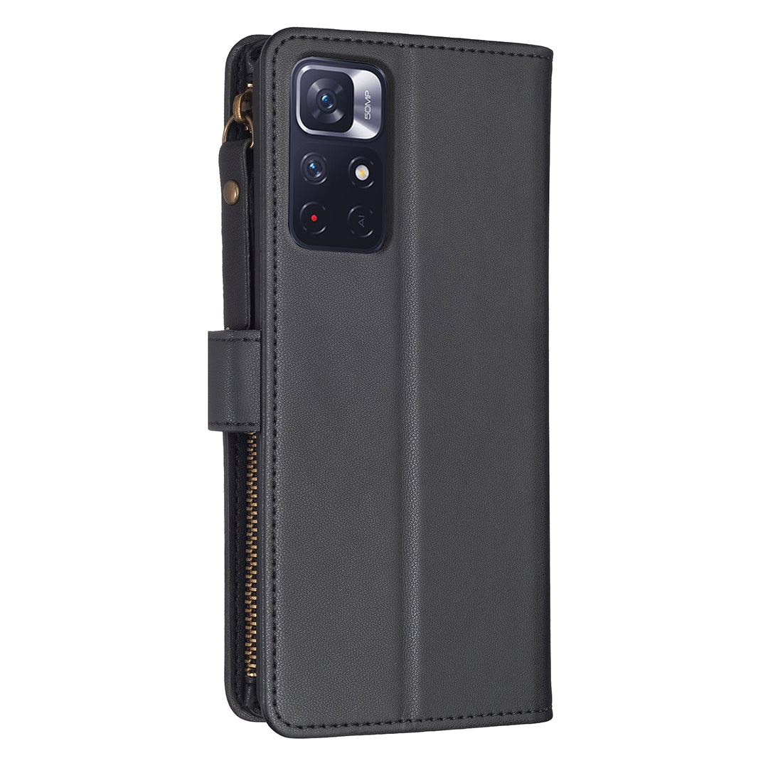 Xiaomi Redmi Note 12S 4G Leather Flip Phone Case with Zipper Wallet and 9 Card Slots, Durable PU + TPU Material