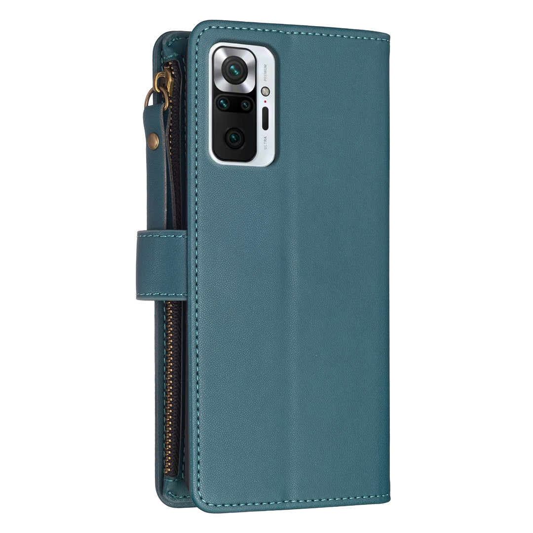 Xiaomi Redmi Note 10 Pro Leather Flip Phone Case with Zipper Wallet and 9 Card Slots, Durable PU + TPU Material