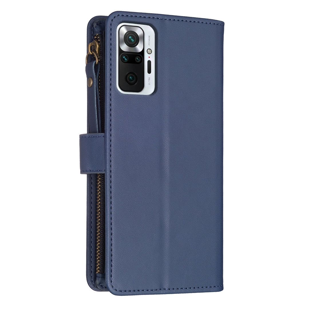 Xiaomi Redmi Note 10 Pro Leather Flip Phone Case with Zipper Wallet and 9 Card Slots, Durable PU + TPU Material