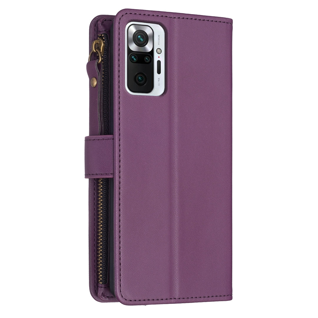 Xiaomi Redmi Note 10 Pro Leather Flip Phone Case with Zipper Wallet and 9 Card Slots, Durable PU + TPU Material