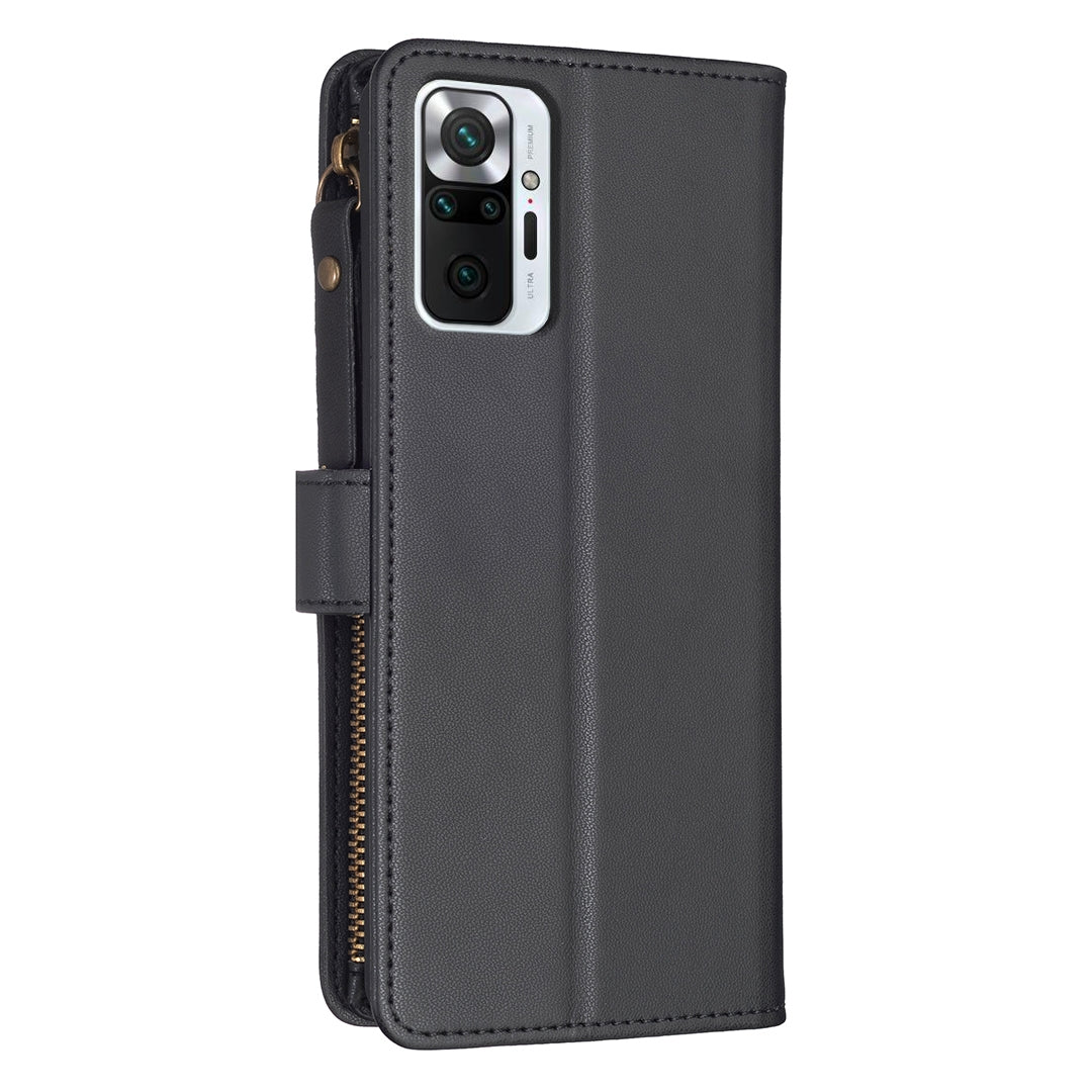 Xiaomi Redmi Note 10 Pro Leather Flip Phone Case with Zipper Wallet and 9 Card Slots, Durable PU + TPU Material