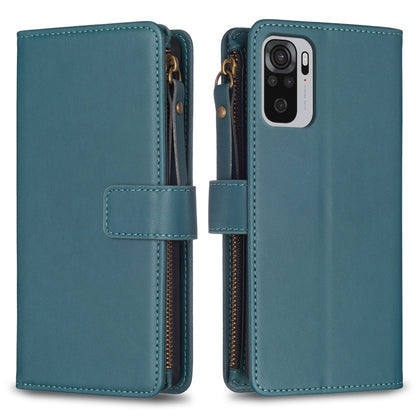 Xiaomi Redmi Note 10 Leather Flip Phone Case with Zipper Wallet and 9 Card Slots, Durable PU + TPU Material