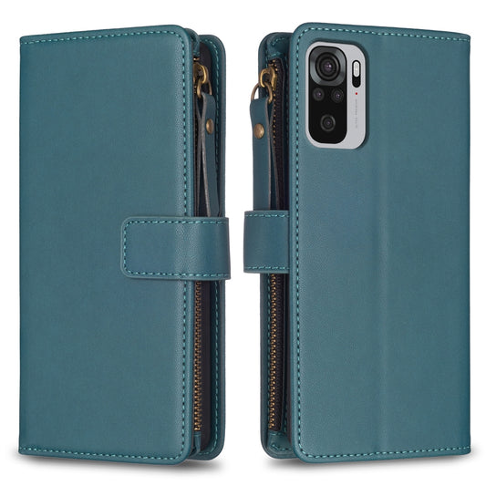 Xiaomi Redmi Note 10 Leather Flip Phone Case with Zipper Wallet and 9 Card Slots, Durable PU + TPU Material