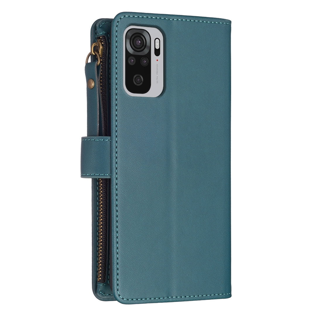 Xiaomi Redmi Note 10 Leather Flip Phone Case with Zipper Wallet and 9 Card Slots, Durable PU + TPU Material