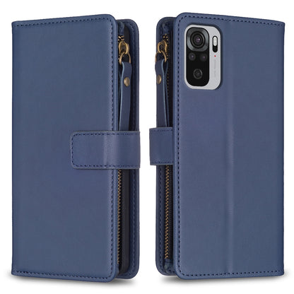 Xiaomi Redmi Note 10 Leather Flip Phone Case with Zipper Wallet and 9 Card Slots, Durable PU + TPU Material