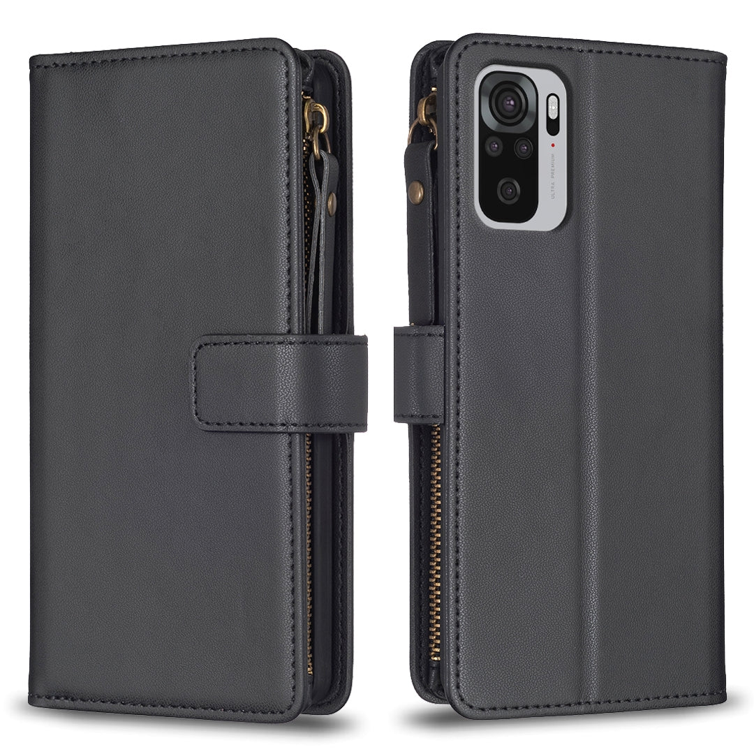 Xiaomi Redmi Note 10 Leather Flip Phone Case with Zipper Wallet and 9 Card Slots, Durable PU + TPU Material