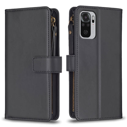 Xiaomi Redmi Note 10 Leather Flip Phone Case with Zipper Wallet and 9 Card Slots, Durable PU + TPU Material