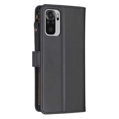 Xiaomi Redmi Note 10 Leather Flip Phone Case with Zipper Wallet and 9 Card Slots, Durable PU + TPU Material