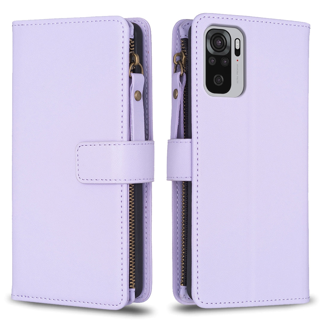 Xiaomi Redmi Note 10 Leather Flip Phone Case with Zipper Wallet and 9 Card Slots, Durable PU + TPU Material