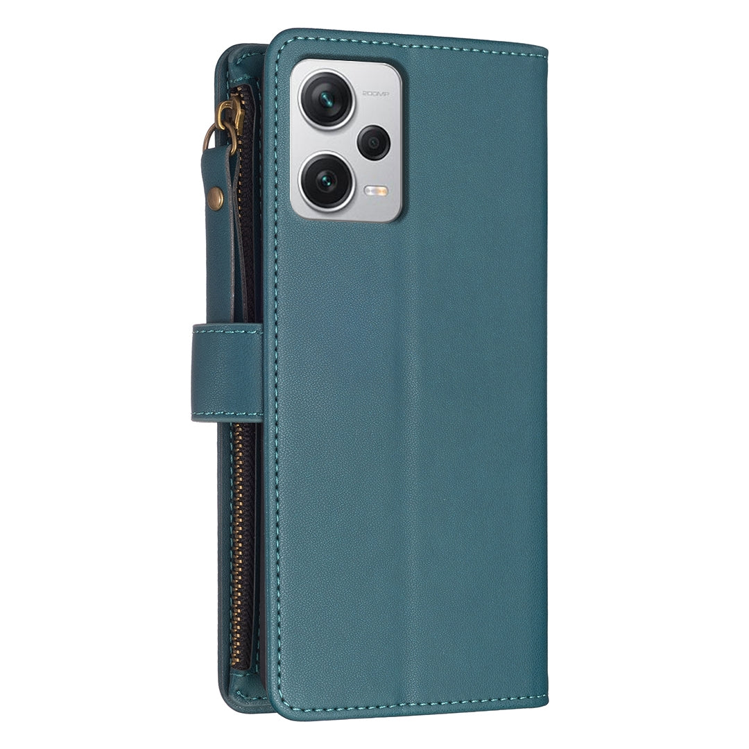 Xiaomi Redmi Note 12 Pro+ 5G Global Leather Flip Phone Case with Zipper Wallet and 9 Card Slots, Durable PU + TPU Material