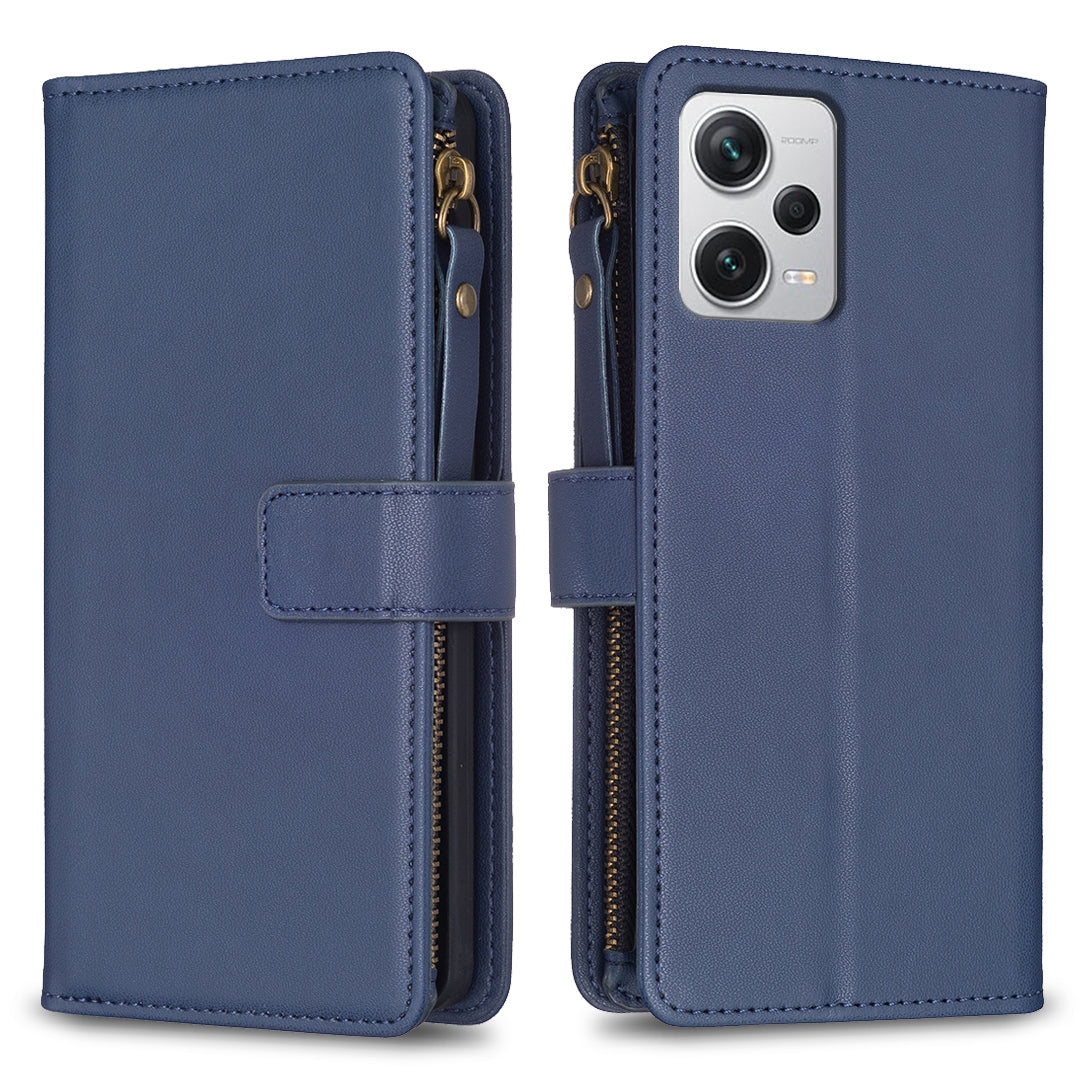 Xiaomi Redmi Note 12 Pro+ 5G Global Leather Flip Phone Case with Zipper Wallet and 9 Card Slots, Durable PU + TPU Material