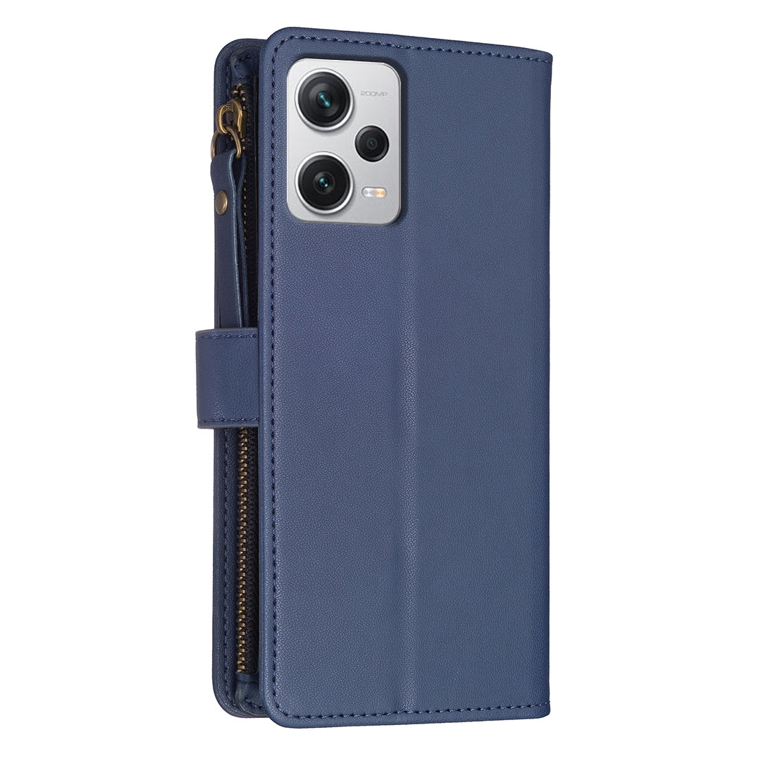 Xiaomi Redmi Note 12 Pro+ 5G Global Leather Flip Phone Case with Zipper Wallet and 9 Card Slots, Durable PU + TPU Material