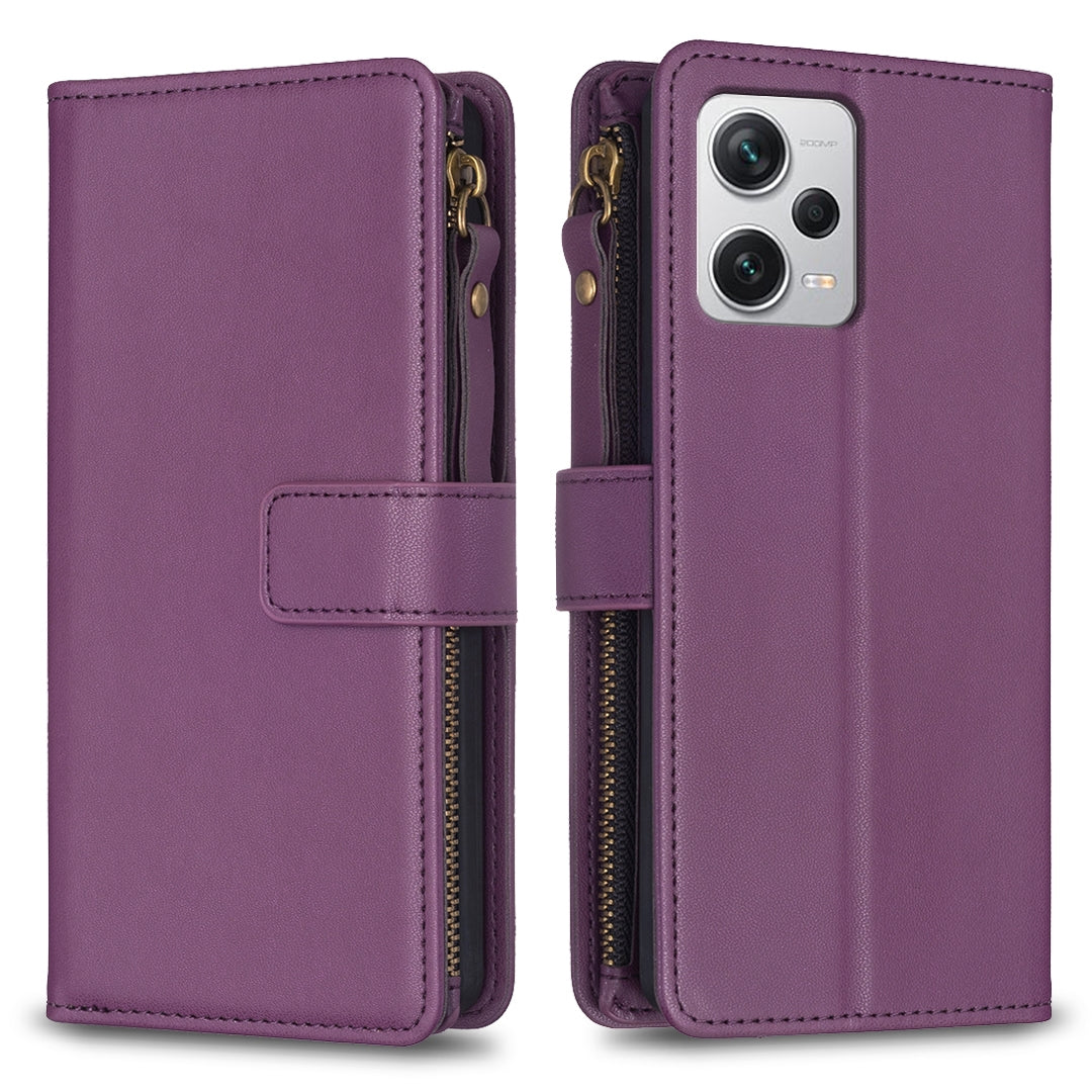 Xiaomi Redmi Note 12 Pro+ 5G Global Leather Flip Phone Case with Zipper Wallet and 9 Card Slots, Durable PU + TPU Material