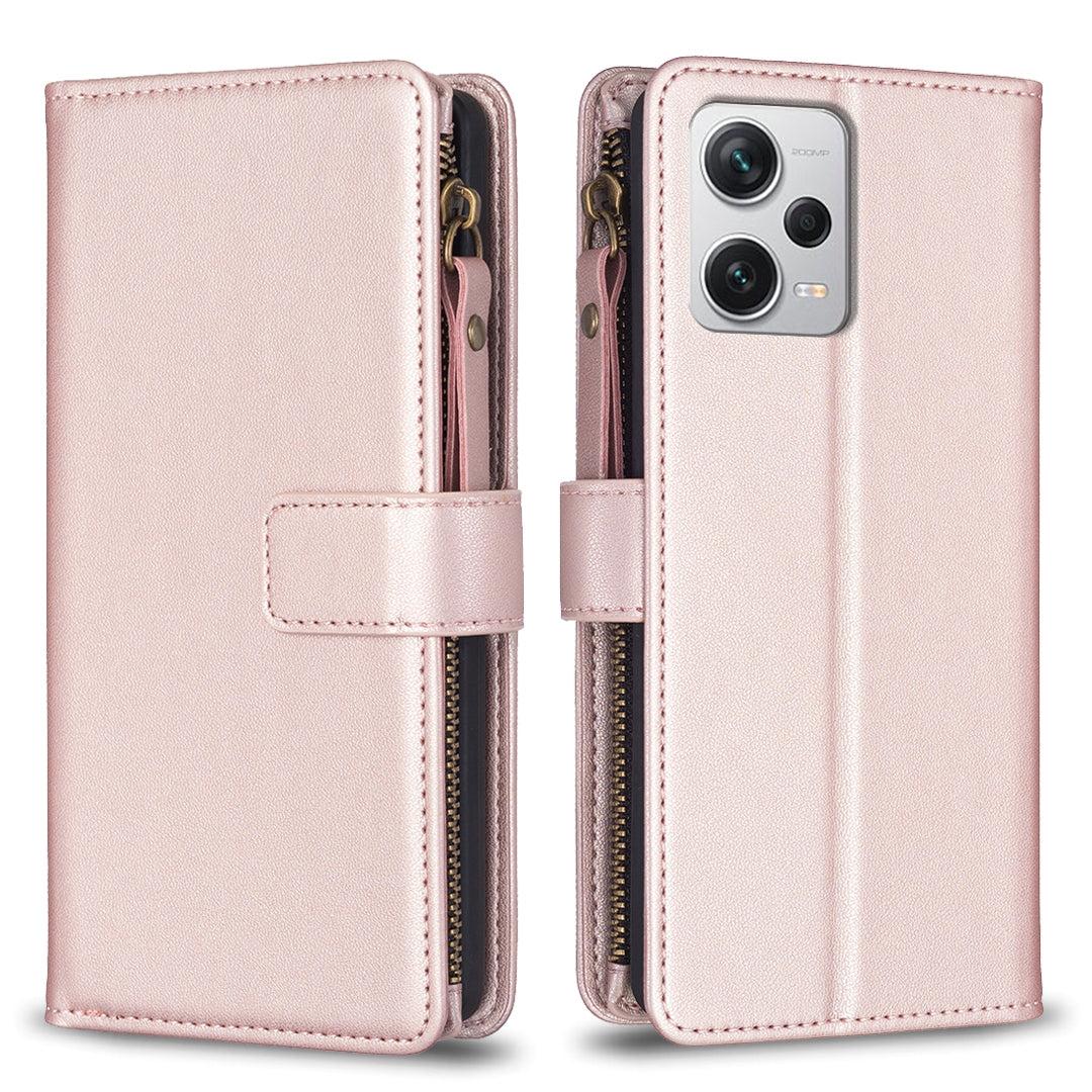 Xiaomi Redmi Note 12 Pro+ 5G Global Leather Flip Phone Case with Zipper Wallet and 9 Card Slots, Durable PU + TPU Material