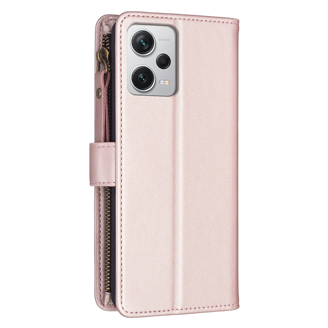 Xiaomi Redmi Note 12 Pro+ 5G Global Leather Flip Phone Case with Zipper Wallet and 9 Card Slots, Durable PU + TPU Material