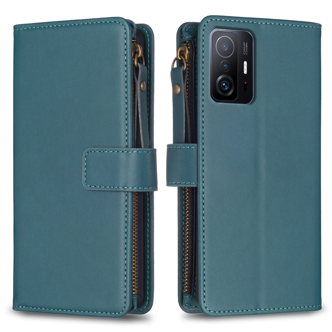 Xiaomi Mi 11T Leather Flip Phone Case with Zipper Wallet and 9 Card Slots, Durable PU + TPU Material