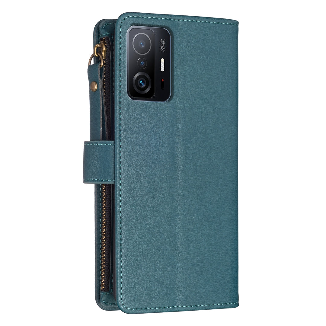 Xiaomi Mi 11T Leather Flip Phone Case with Zipper Wallet and 9 Card Slots, Durable PU + TPU Material