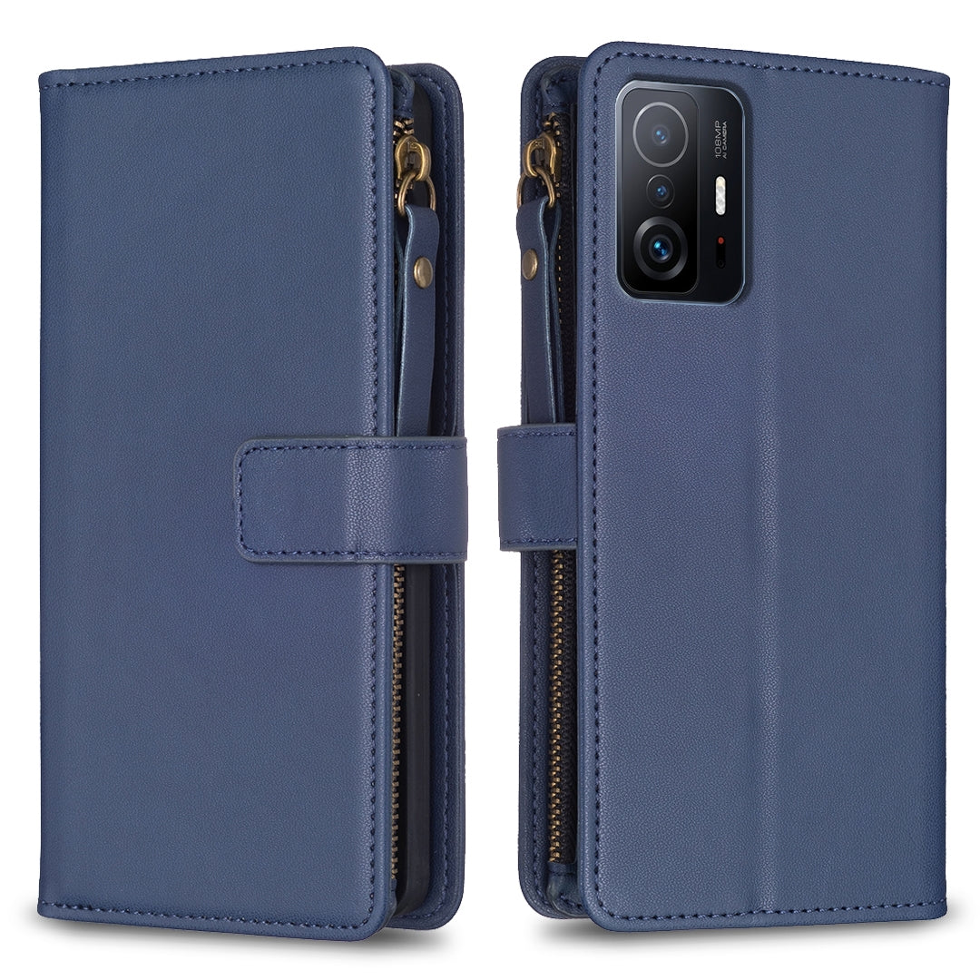 Xiaomi Mi 11T Leather Flip Phone Case with Zipper Wallet and 9 Card Slots, Durable PU + TPU Material