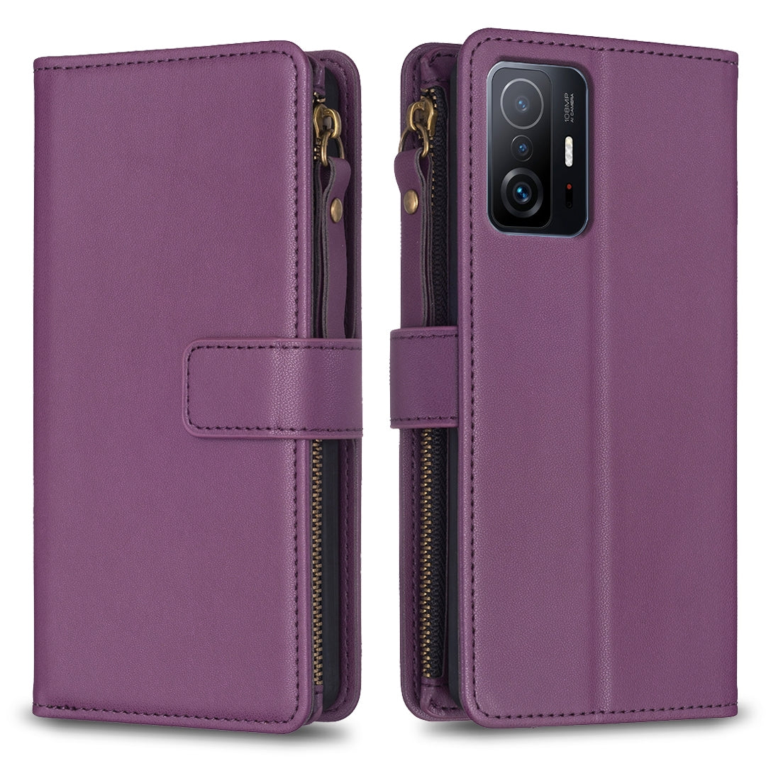 Xiaomi Mi 11T Leather Flip Phone Case with Zipper Wallet and 9 Card Slots, Durable PU + TPU Material